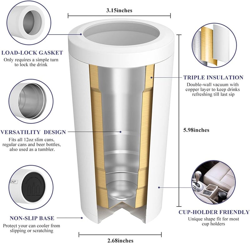 PEALEAP 4 in 1 Insulated Slim Can Cooler for 12 OZ Cans and Beer Bottle - Keep 8 Hours Cold, Easy to Hold - Stainless Steel Can Holder, Double Walled Can Insulator for Hard Seltzer and More (Snow White) - Image 5